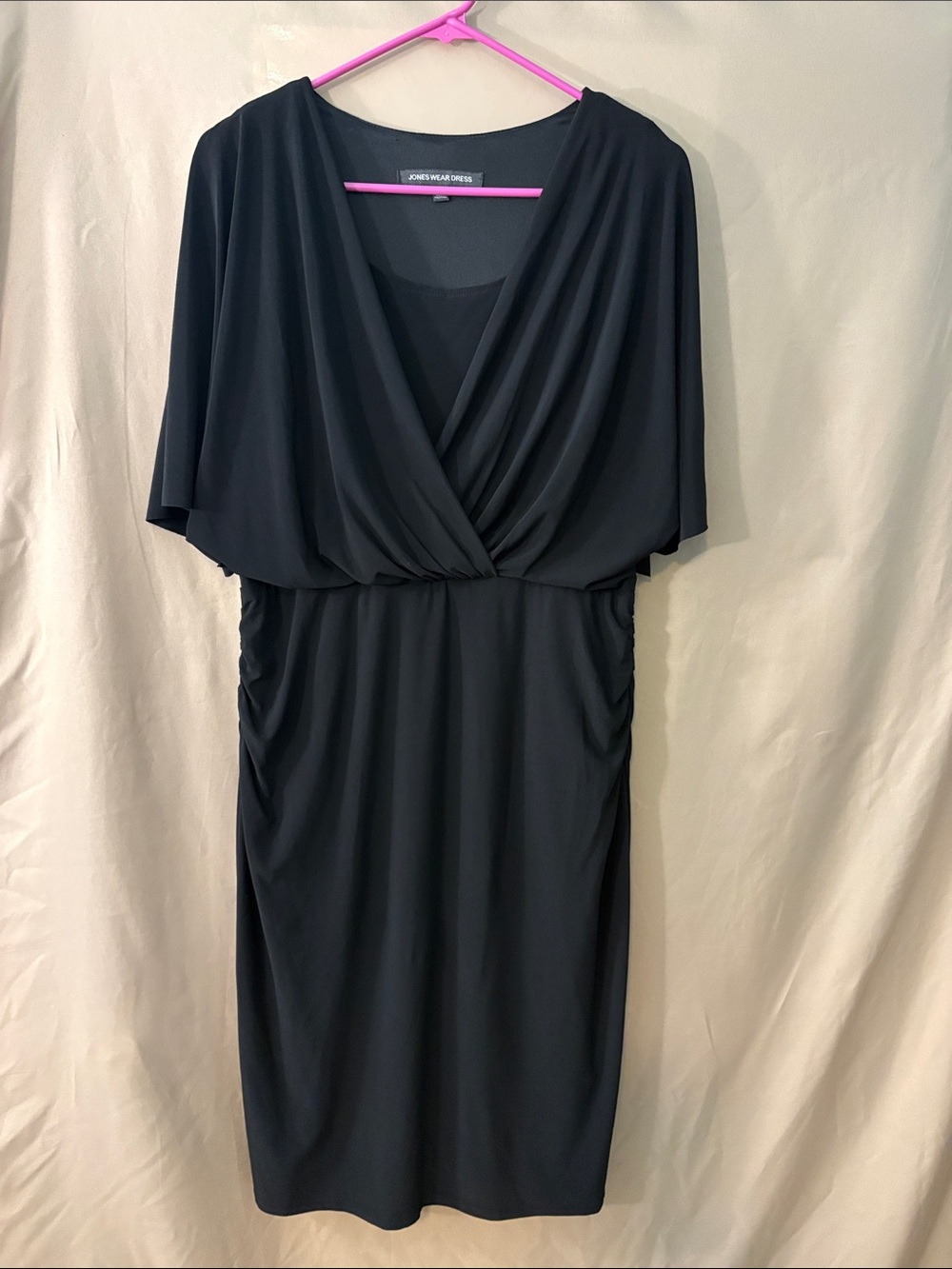 Jones New York Black Draped Faux-Wrap Midi Dress